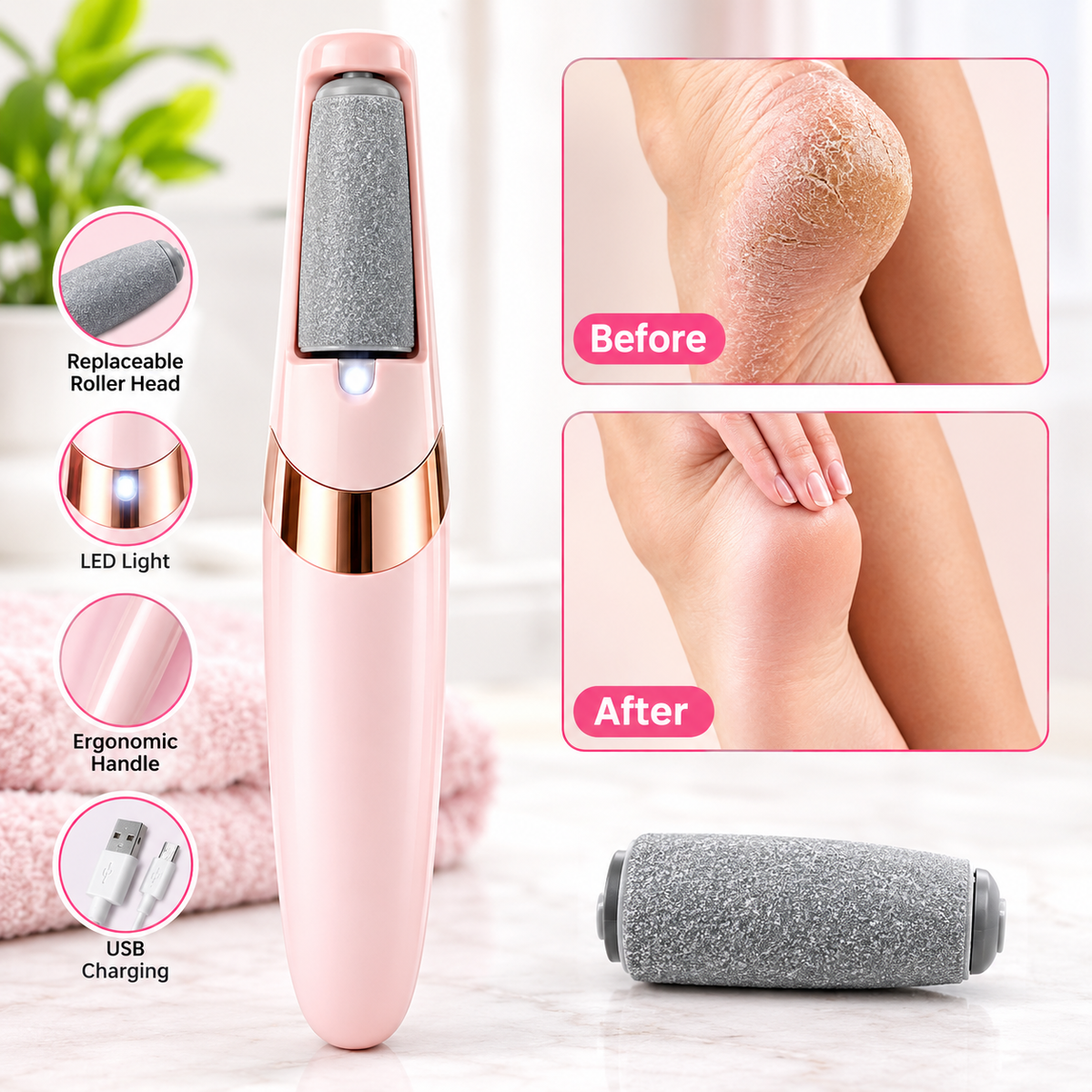 Electric Foot File for Cracked Heels – Rechargeable Callus Remover & Dead Skin Remover